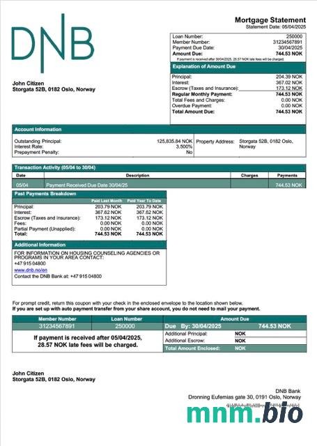 Norwegia DNB Bank wyciąg z kredytu hipotecznego szablon Word i PDF